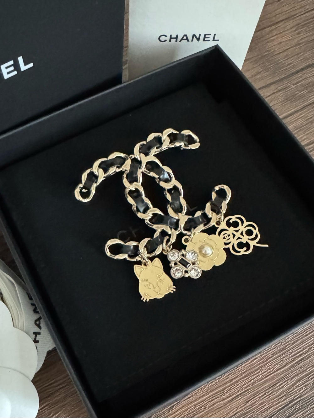 CHANEL Charms Lambskin Leather Woven Brooch
